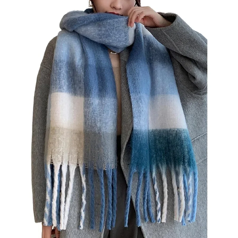 Women's Light Blue Winter Warm Long Shawl Cold Weather Thick Blanket Scarfs